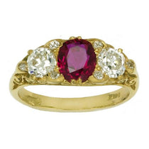 Ruby and diamond ring Victorian style carved half hoop made in UK.