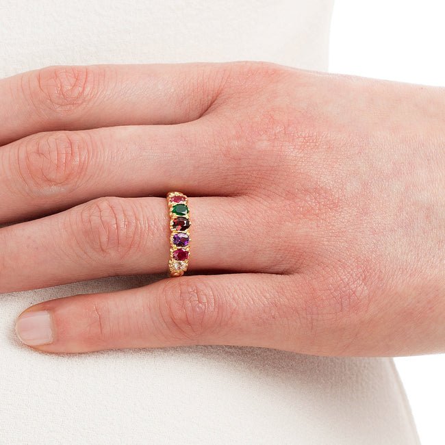 Victorian style regard ring worn by model