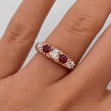 diamond and ruby rose gold victorian vintage style half hoop engagement ring on hand