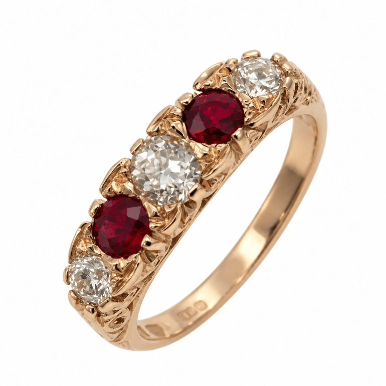 diamond and ruby rose gold victorian vintage style half hoop engagement ring