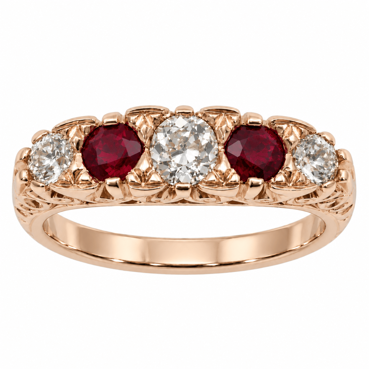 diamond and ruby rose gold victorian vintage style half hoop engagement ring