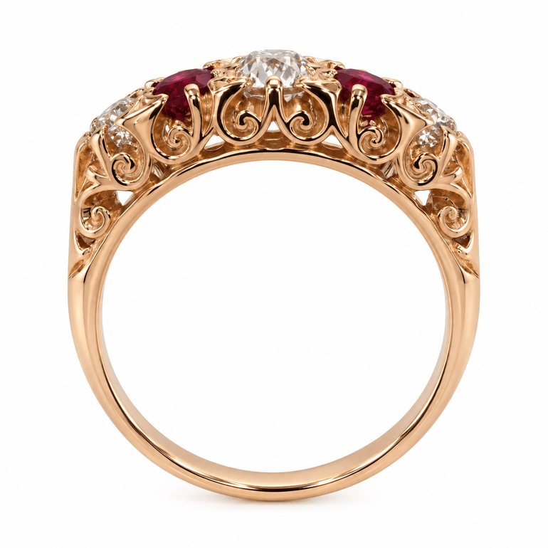 diamond and ruby rose gold victorian vintage style half hoop engagement ring