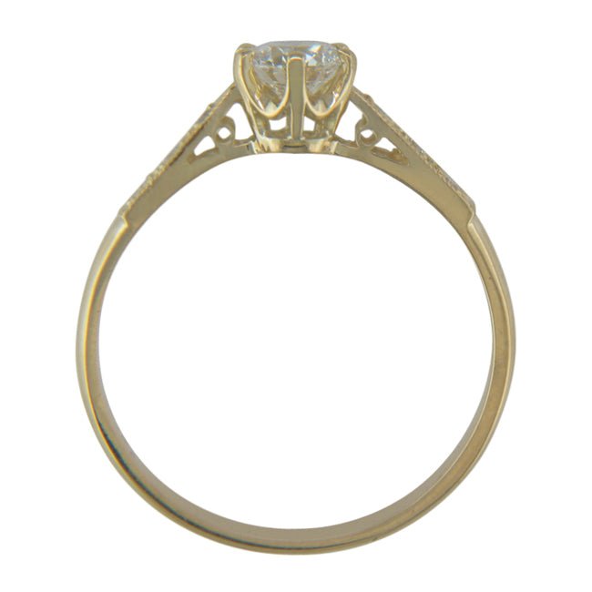 Side view milgrain edges and split shoulders with cheniers for vintage ring mount in gold.