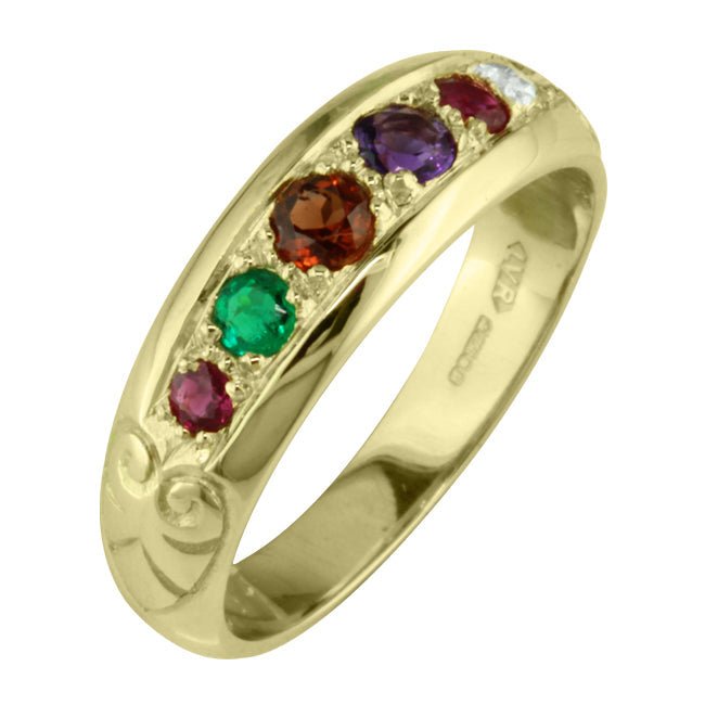 vintage Yellow gold multistone ring with round cut colourful gemstones and engraved detailing