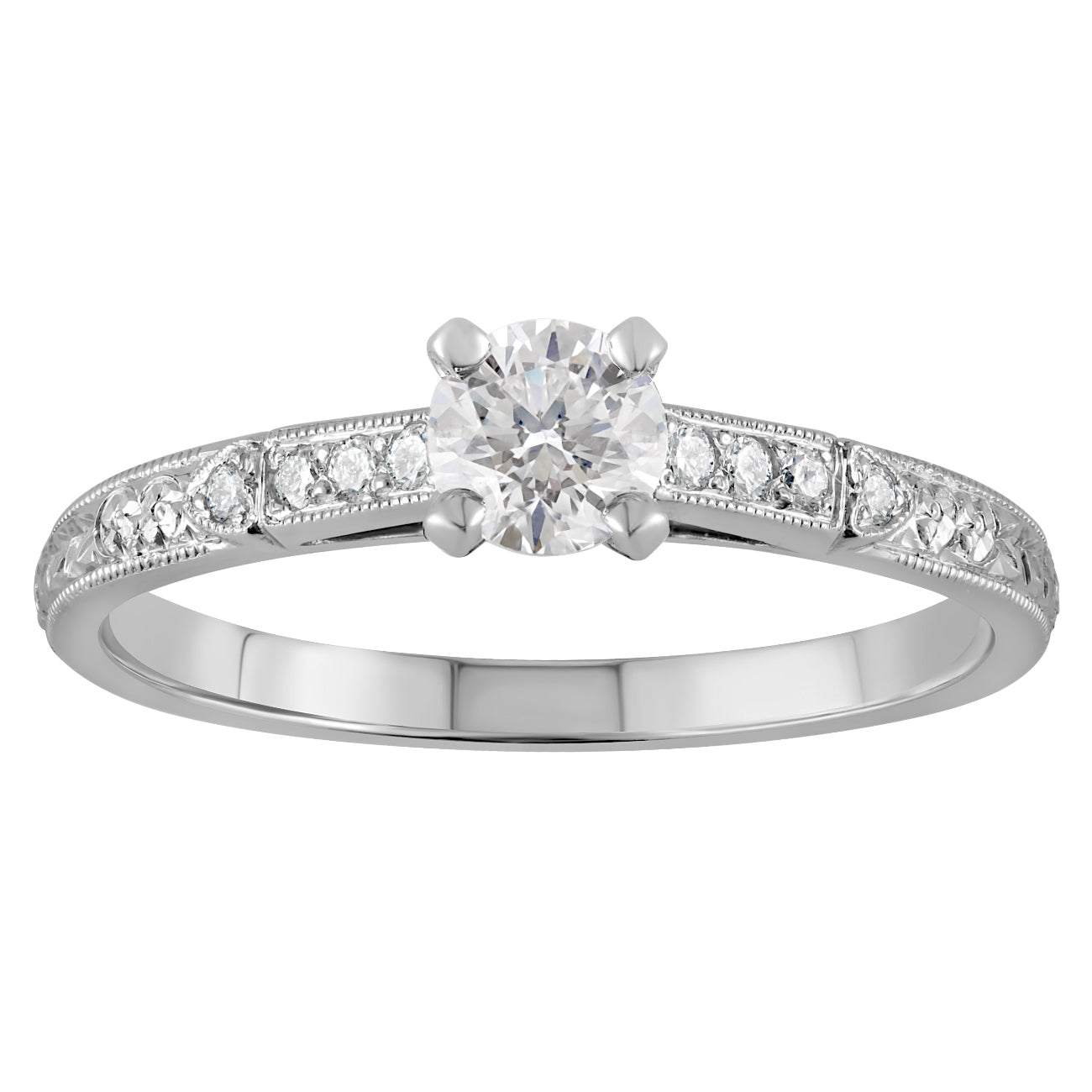 hand engraved ring with diamonds and millegrain edging 