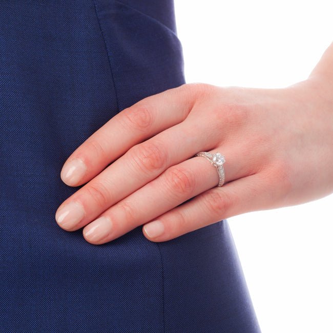 Hand view engraved diamond ring