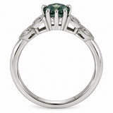 Round green sapphire and diamond engagement ring in platinum with vintage style detailing