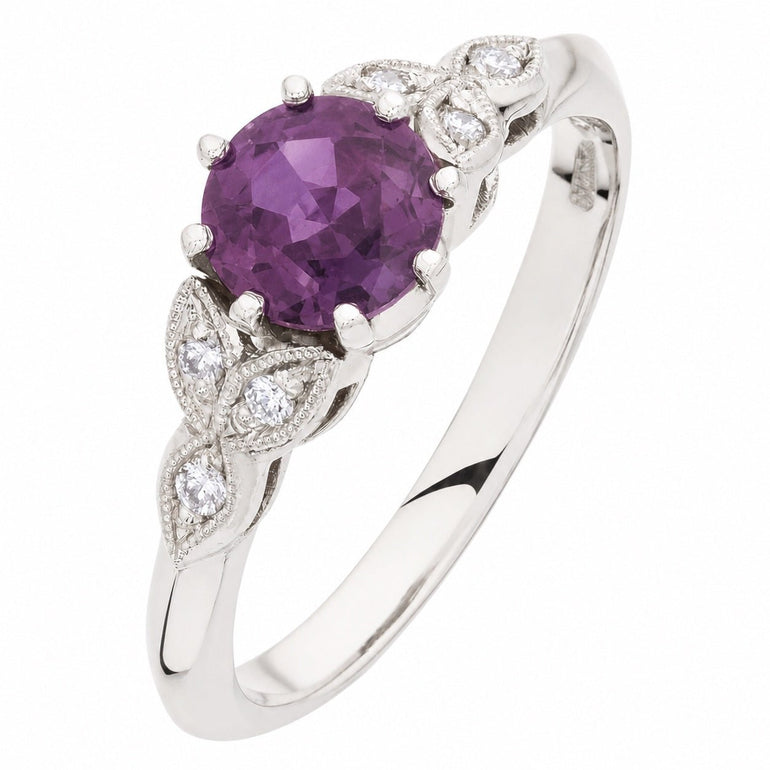 platinum purple sapphire and diamond vintage floral engagement ring
