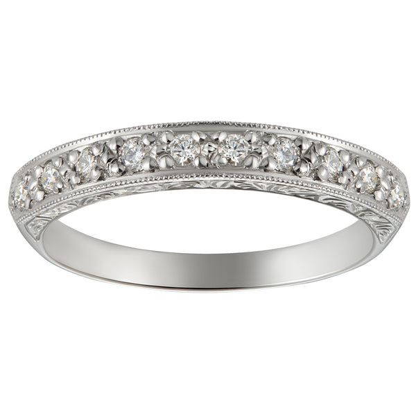 3mm engraved platinum diamond wedding band with millegrain edges