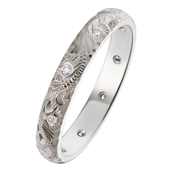 3mm engraved diamond wedding ring paisley pattern in platinum