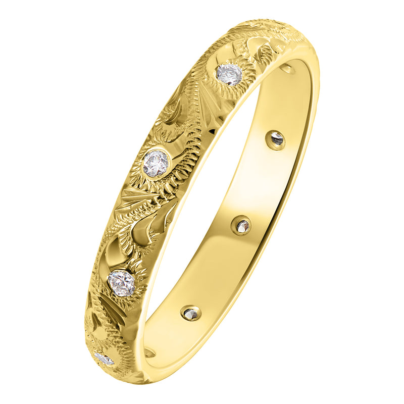 3mm hand engraved diamond wedding band in yellow gold with paisley pattern