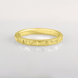 3mm scroll engraved gold wedding ring with milgrain