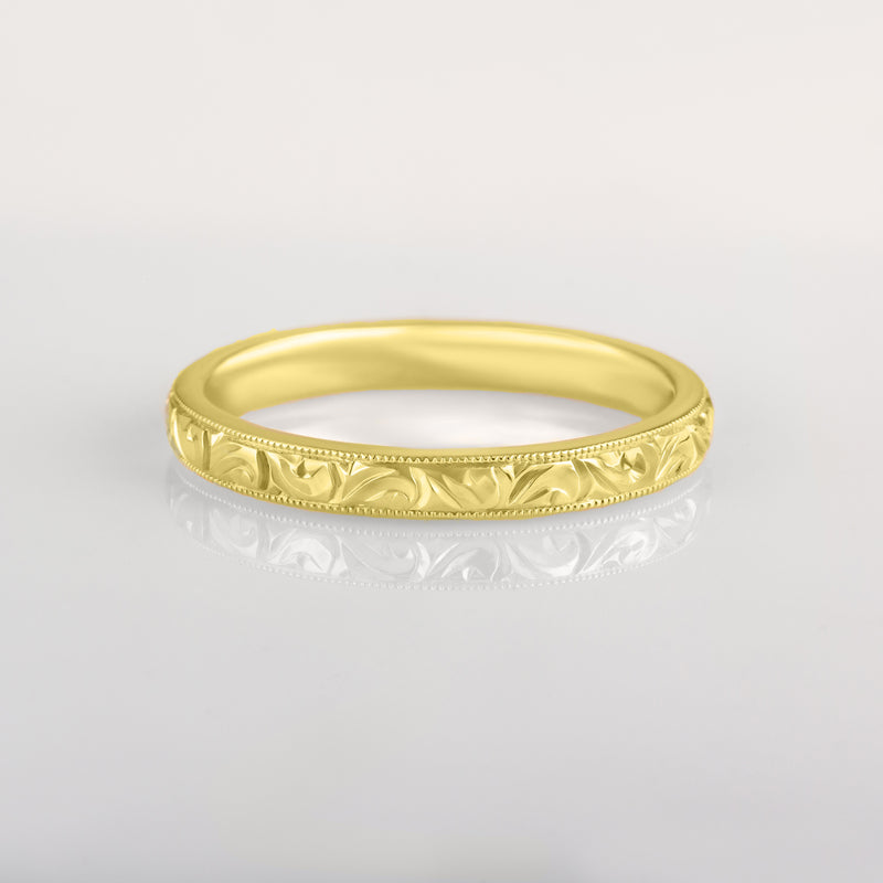 3mm scroll engraved gold wedding ring with milgrain