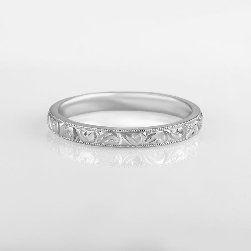 3mm Platinum Engraved Wedding Band in Scroll Pattern