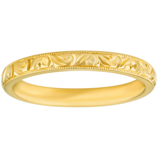 3mm yellow gold engraved wedding ring in scroll pattern