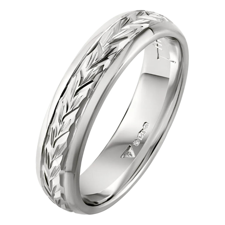 Leaf hand engraved court band crafted. in platinum. Made in the UK.