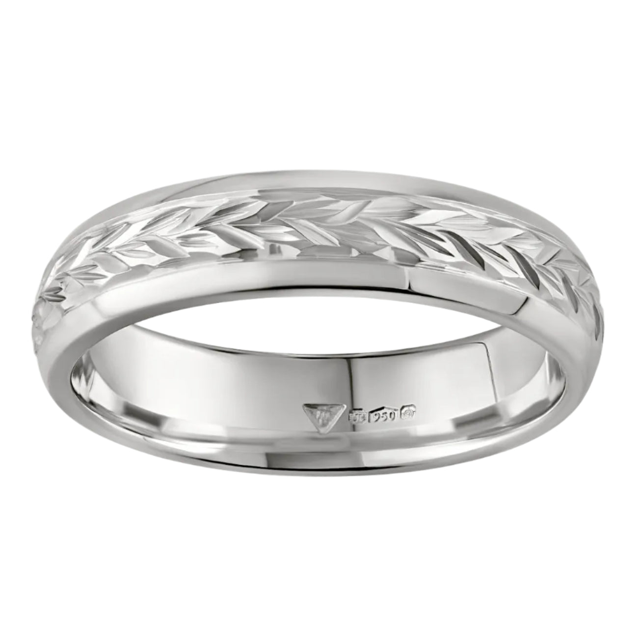 Hand engraved floral wedding band in platinum. Made in London