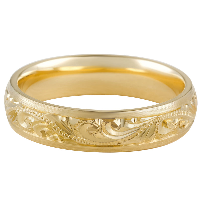 5mm engraved paisley pattern gold mens wedding ring
