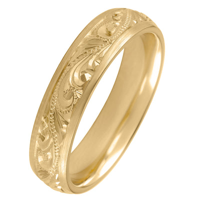 5mm court shape engraved paisley wedding band in 18ct yellow gold