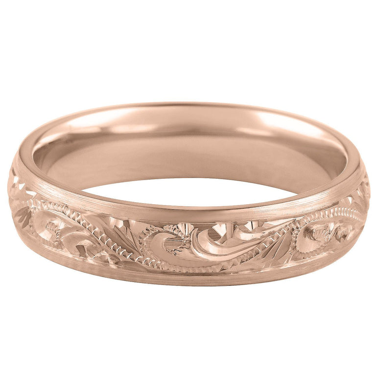 Court shape 5mm rose gold wedding ring engraved with paisley pattern