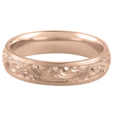 Court shape 5mm rose gold wedding ring engraved with paisley pattern