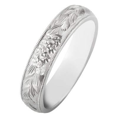 5mm flower engraved mens wedding ring in platinum