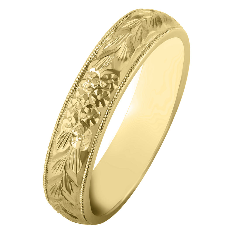 5mm flower engraved mens yellow gold court wedding ring
