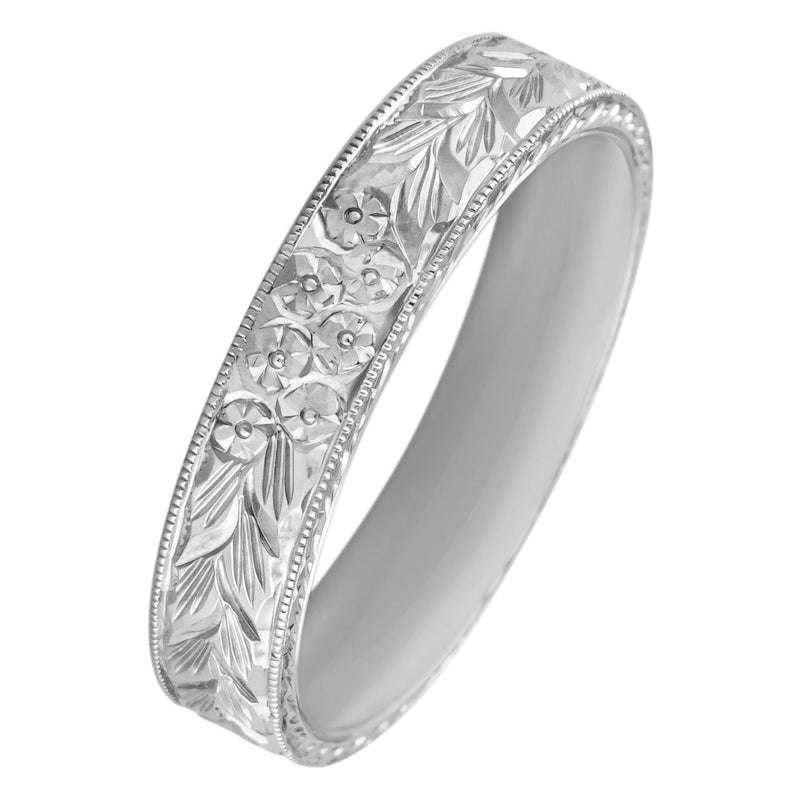 5mm 'forget me not' engraved flat court wedding ring in platinum