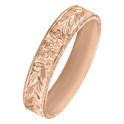 5mm rose gold wedding ring with engraved forget-me-not flowers in flat court shape