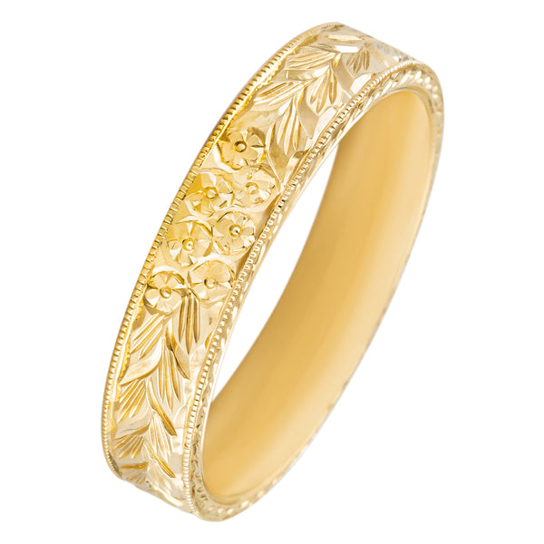 5mm forget-me-not flower engraved flat court wedding ring in yellow gold
