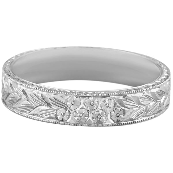 5mm mans platinum flat court wedding band with 'forget-me-not-engraving