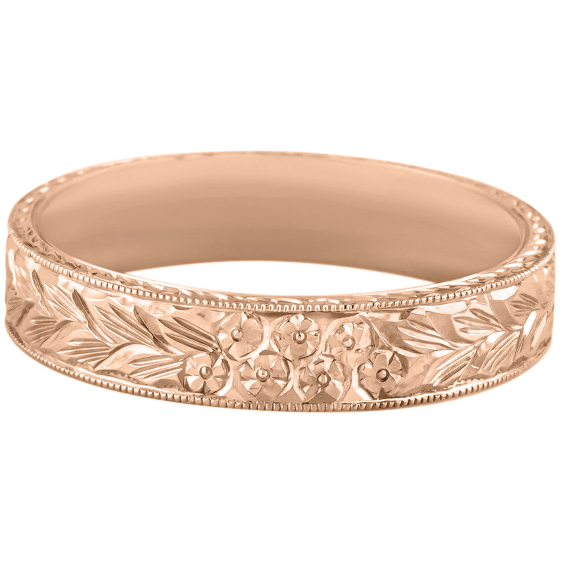 5mm rose gold mens wedding band with engraved 'forget me not' flowers