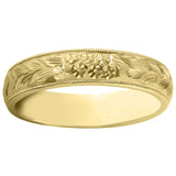 5mm yellow gold engraved mens wedding ring with forget-me-not flower