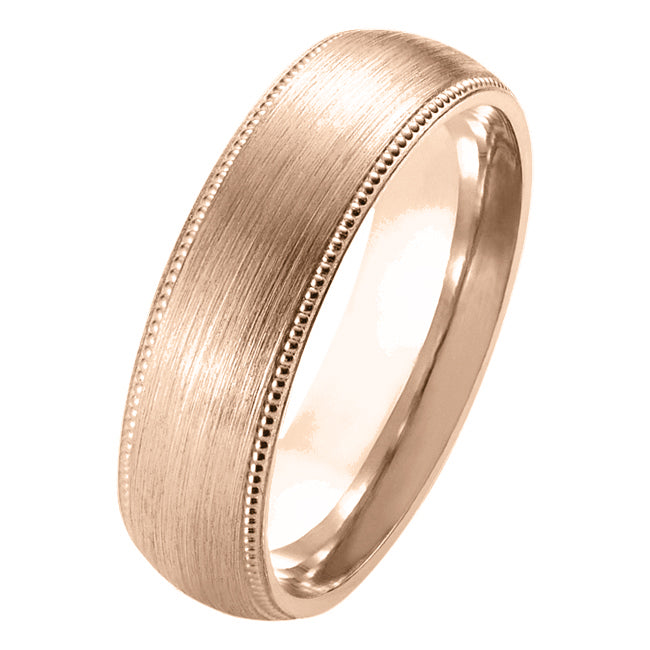 6mm rose gold court brushed wedding ring with milgrain edges