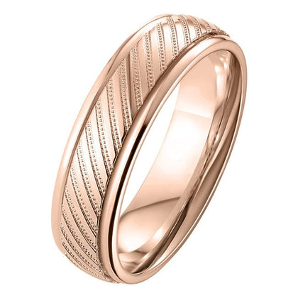 6mm rose gold court wedding band with diagonal milgrain lines
