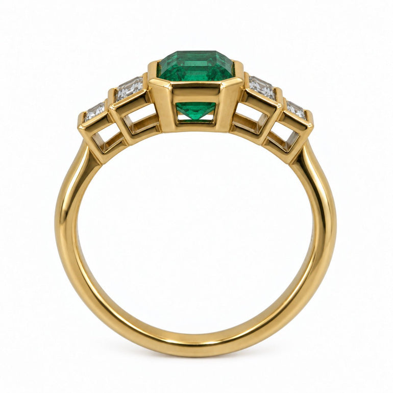 Emerald with baguette diamonds, Art Deco ring made in Hatton Garden, London
