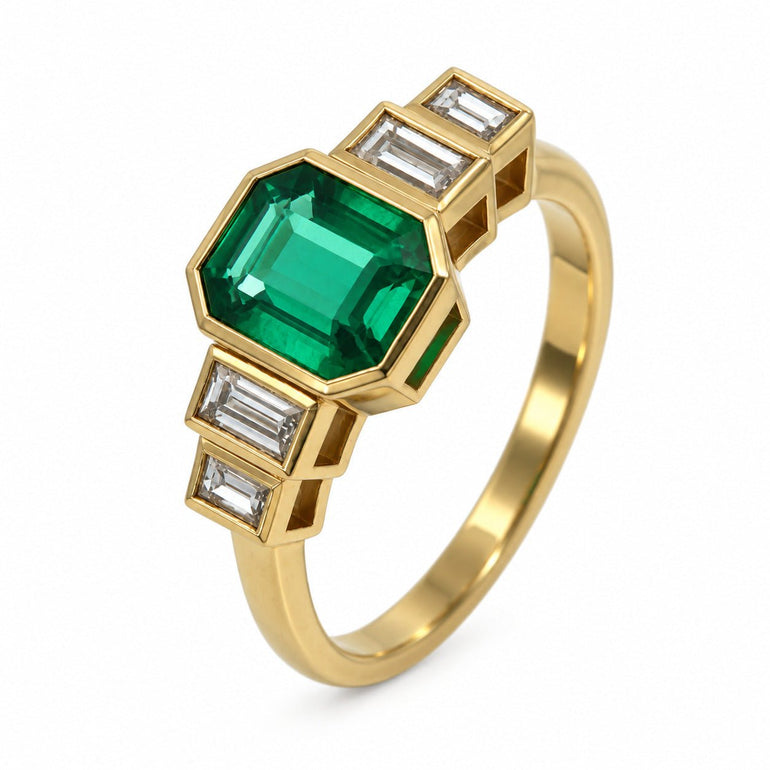 Emerald with baguette diamonds, Art Deco ring made in Hatton Garden, London