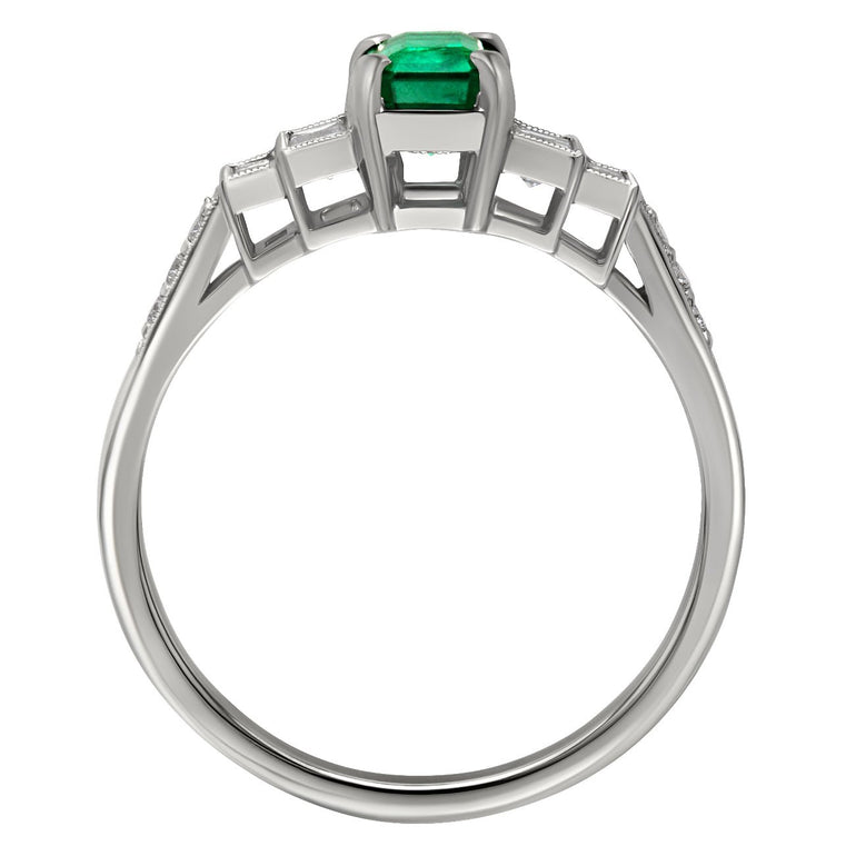 Vintage inspired emerald and diamond engagement ring platinum handcrafted in the UK