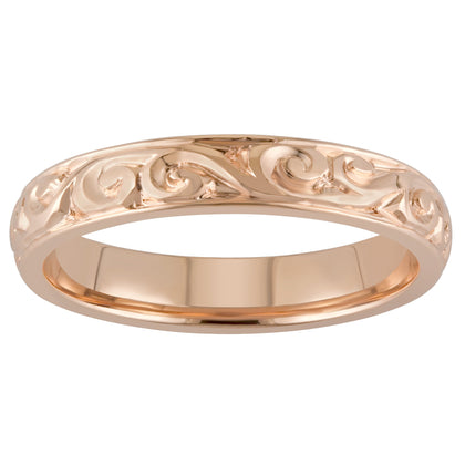 4mm 18ct rose gold wedding ring with hand engraved antique scroll pattern. Made in London.