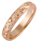 18ct rose gold bespoke wedding ring with detailed antique scroll engraving, 4mm band. Made in Hatton Garden.