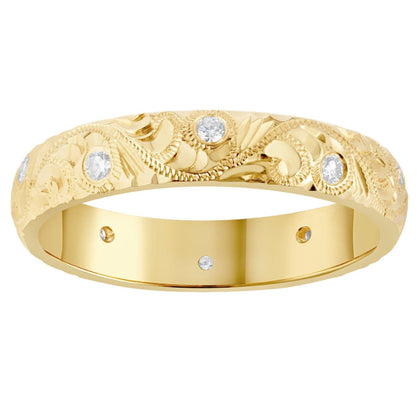 Paisley Hand engraved pattern with round diamonds wedding ring. Made in Londom.