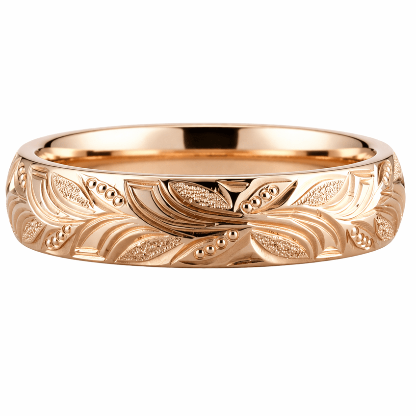 Leaf hand engraved wedding band. in 18ct rose gold. Made in the UK.