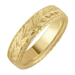 Engraved laurel pattern wedding ring in 18ct yellow gold. Made in Hatton Garden
