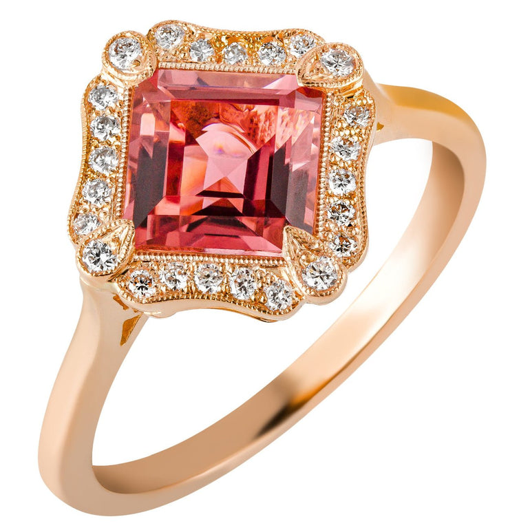 Rose gold Art Deco style engagement ring with square pink tourmaline centre stone and surrounding diamond halo. Made in Hatton Garden