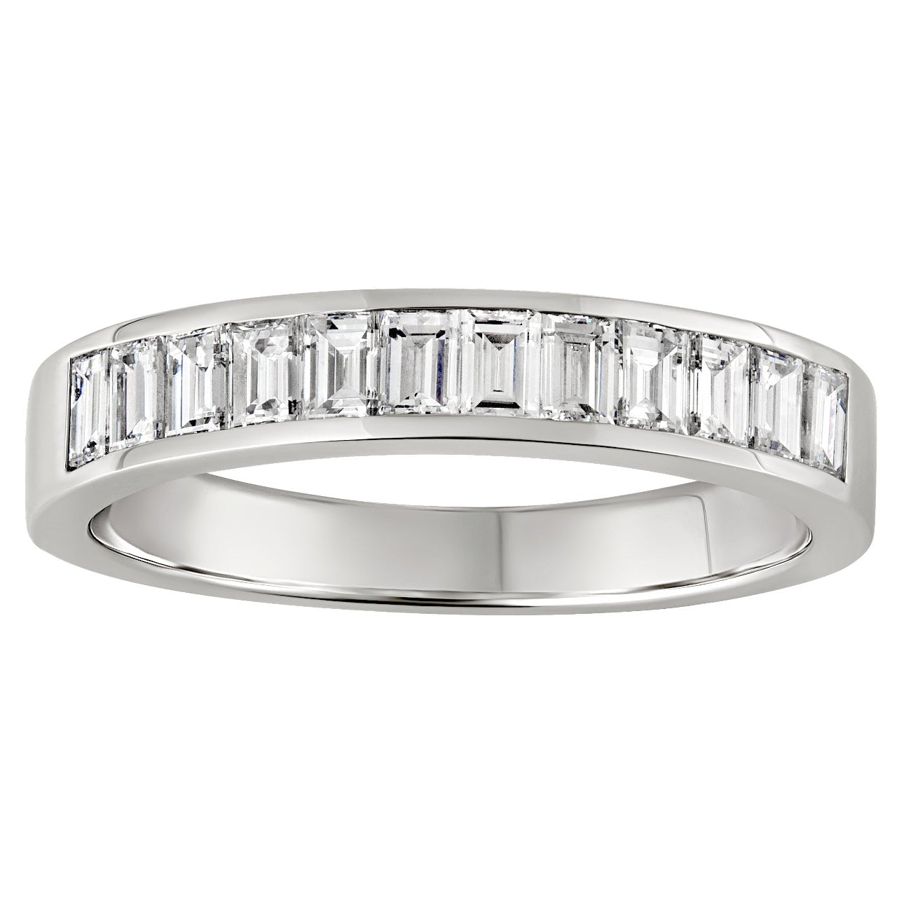 half eternity ring with twelve with baguette-cut diamonds in platinum. Made in London