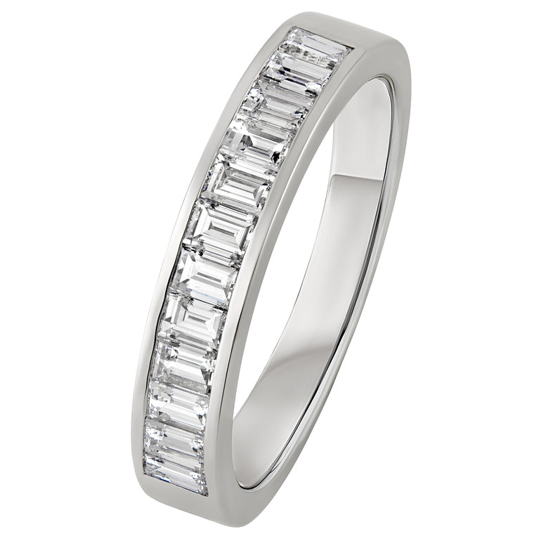 Bespoke half eternity ring with twelve vertically aligned baguette-cut diamonds. Made in the UK
