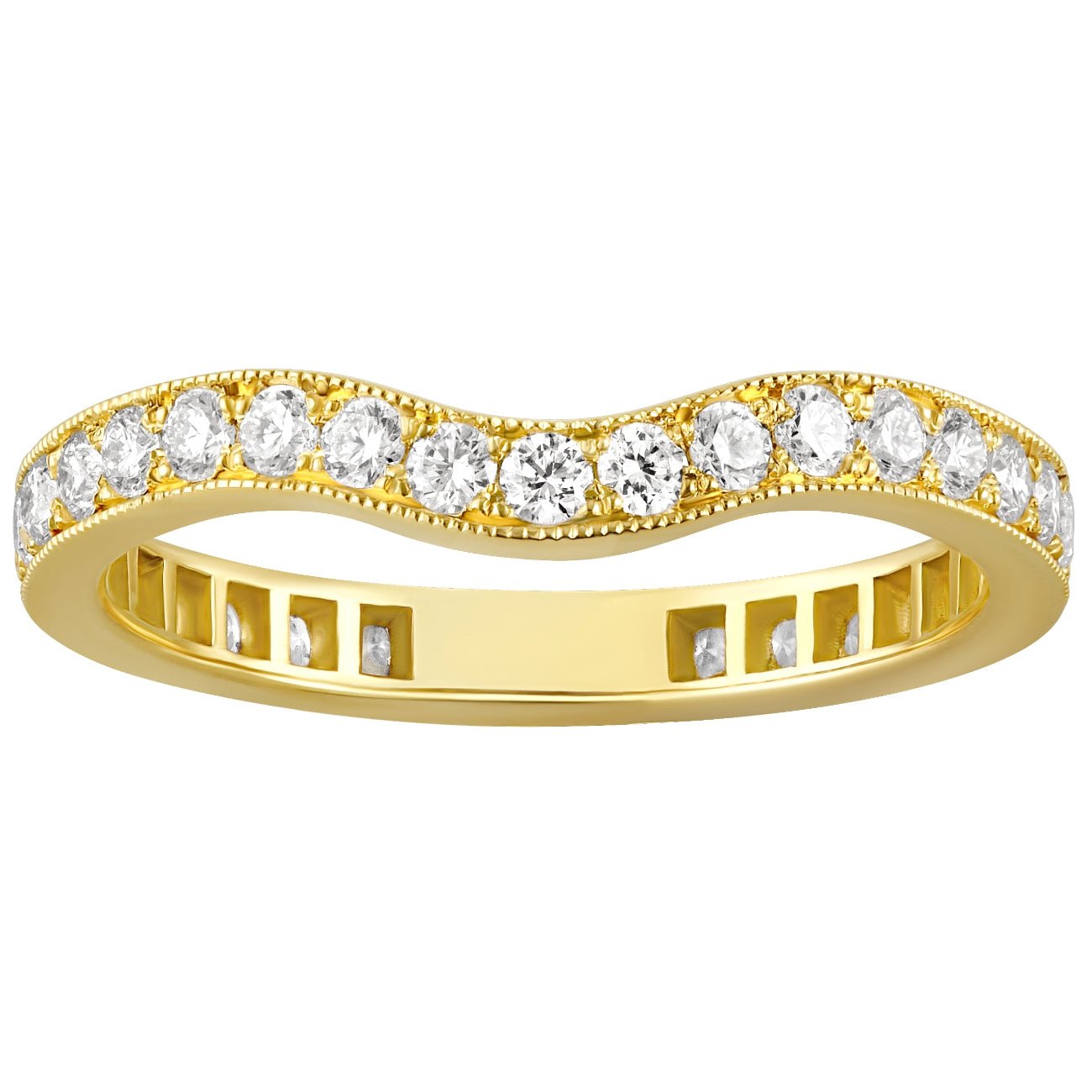 curved full eternity wedding ring in 18ct yellow gold with millegrain. Made in London