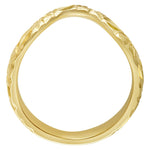 Bespoke curved yellow gold wedding ring with hand-engraved forget-me-not floral design. Made in London