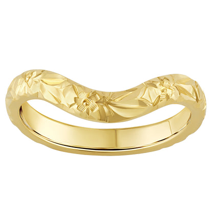 Gold ring with hand engraved floral pattern on a wishbone wedding band. Made in the UK.