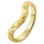 18 carat yellow gold wishbone ring with engraved flowers and soft curved shape. Made in Hatton Garden